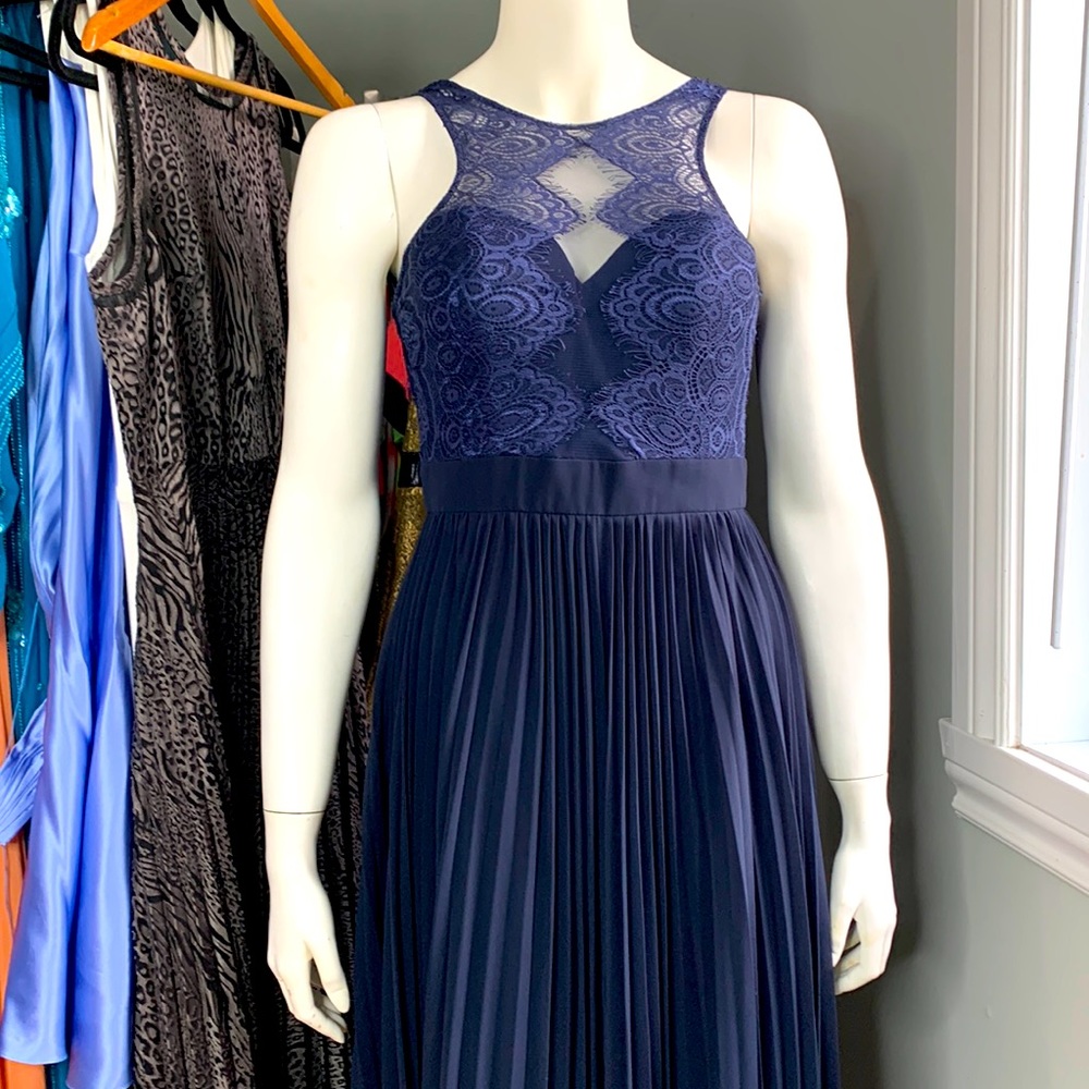 BARIANO Dark Blue Lace Evening Gown Dress Maxi Full Length 4 US Small